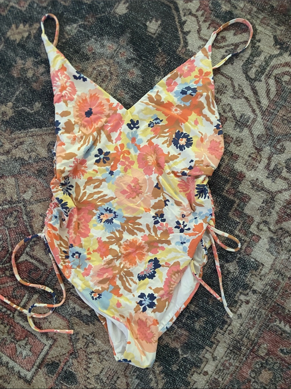 Roxy Floral One-Piece Swimsuit in Peach, Navy & Yellow